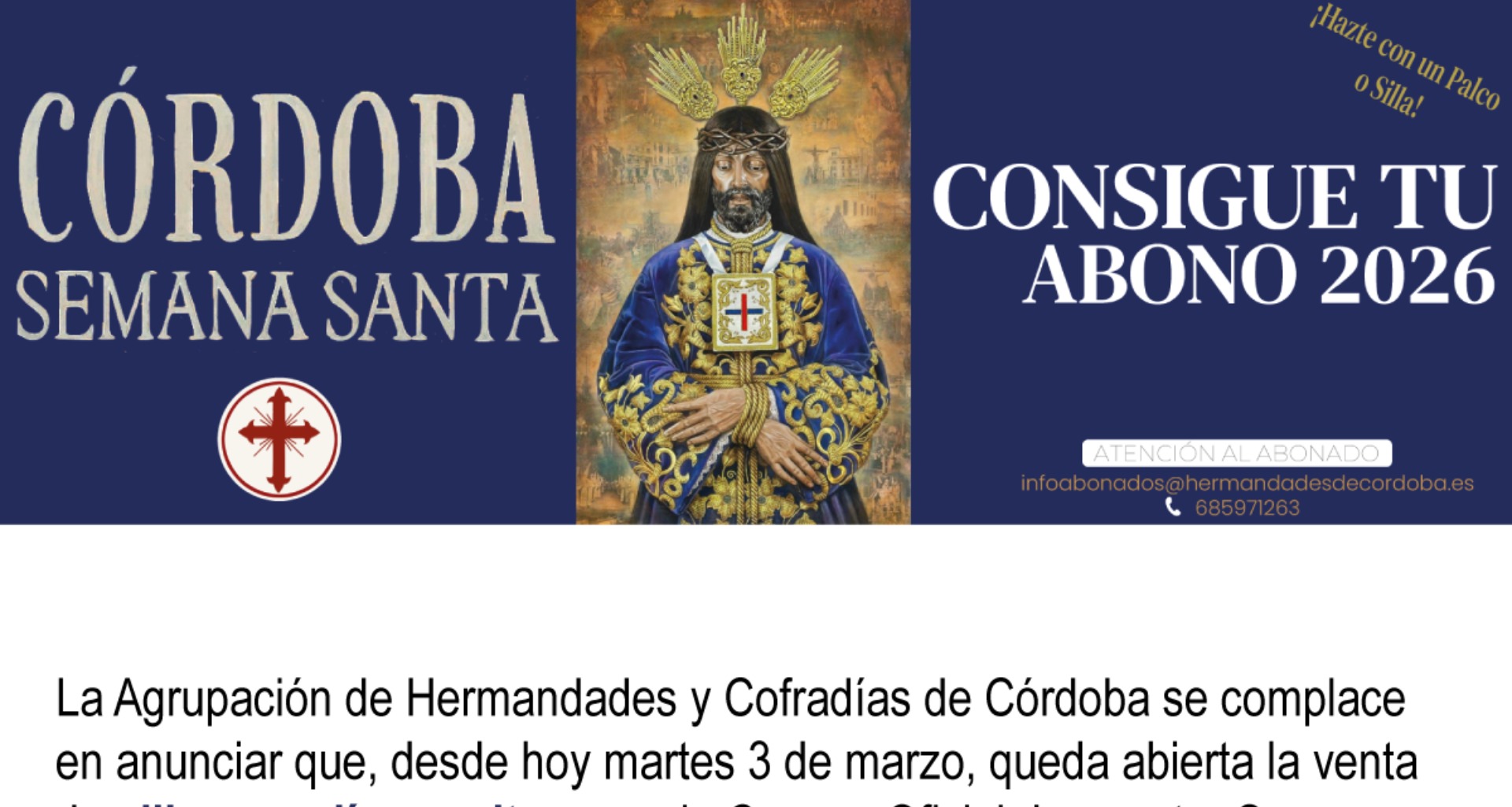La Agrupación de Hermandades abre la venta de sillas y abonos para la Semana Santa de Córdoba 2026